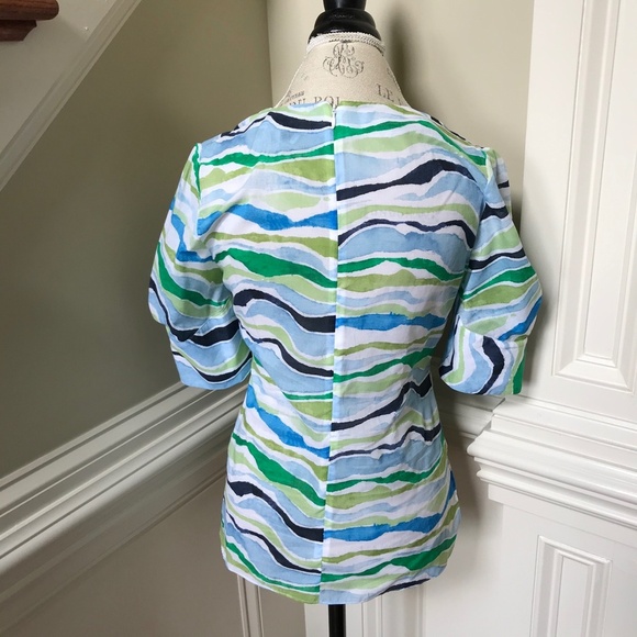 Charlotte Brody Blouse Top Shirt Womens XS Blue White Green 3/4 Sleeve V-Neck - Picture 11 of 12